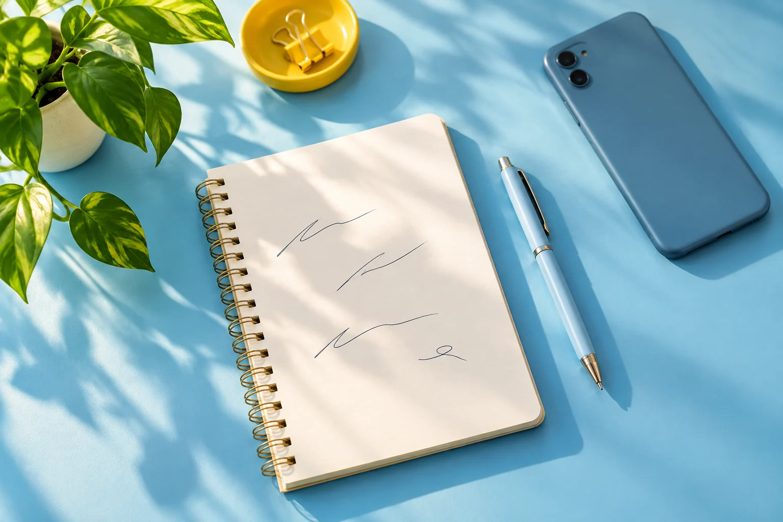 Ảnh minh họa sổ ghi chép và điện thoại trên bàn làm việc sáng màu